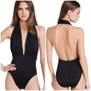 Norma Kamali NWOT Plunge Halter One Piece Swimsuit Black Size L Open Back Ruched